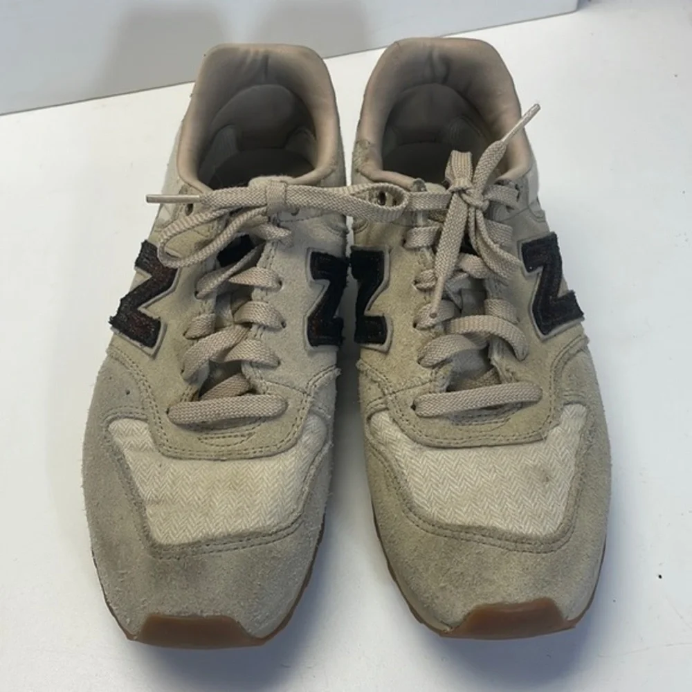 New balance 696 tan suede, herringbone fabric, bronze metallic crackled leather